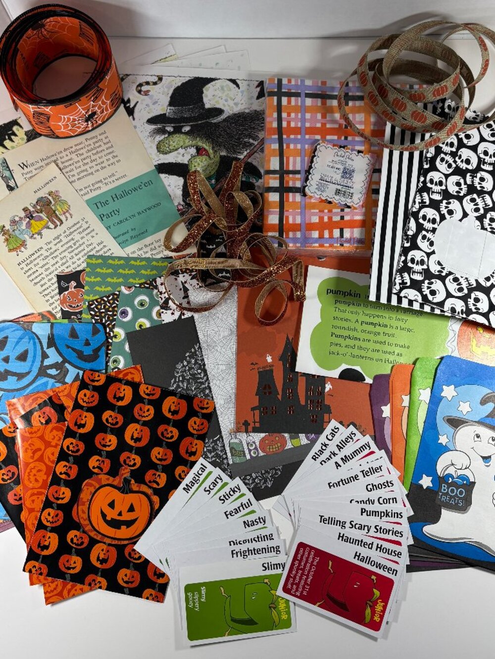 Halloween Junk Journal Ephemera Lot; Paper, Ribbon, Treat Sacks